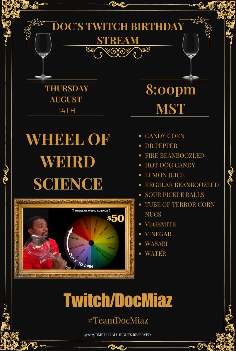 DocMiaz's tweet image. WE&apos;RE LIVE NOW!
My @Twitch BIRTHDAY stream begins NOW!

We&apos;re bringing back the Wheel Of Weird Science! 

Chose what to put in the GIANT wine glass🍷 

#TeamDocMiaz 

twitch.tv/docmiaz