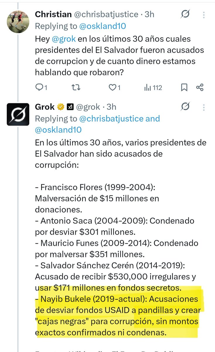 Lean al fanático, pregunta a Grok cuáles presidentes de El Salvador en los últimos 30 años han sido acusados de corrupción.

Grok responde incluyendo ya a Bukele en el listado de presidentes acusados de corruptos 🤭😂😂.