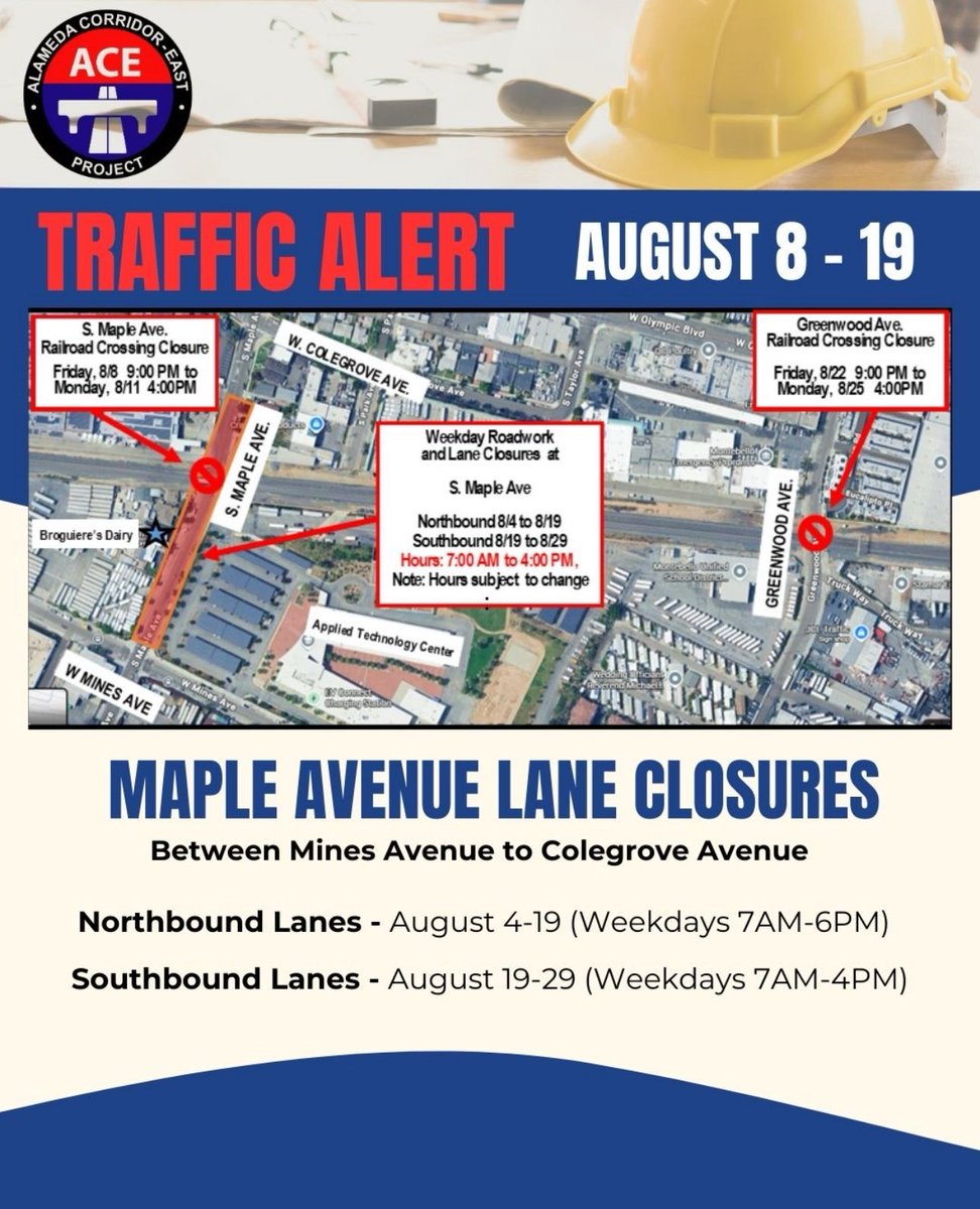 🚧 MAPLE AVENUE LANE CLOSURES 🚧

Lane closures on Maple Avenue, between Mines Avenue and Colegrove Avenue.

🔹 Northbound Lanes
📅 August 4–19
🕖 Weekdays, 7:00 AM – 6:00 PM

🔹 Southbound Lanes
📅 August 19–29
🕓 Weekdays, 7:00 AM – 4:00 PM

<a href="/MontebelloCity/">City of Montebello</a>