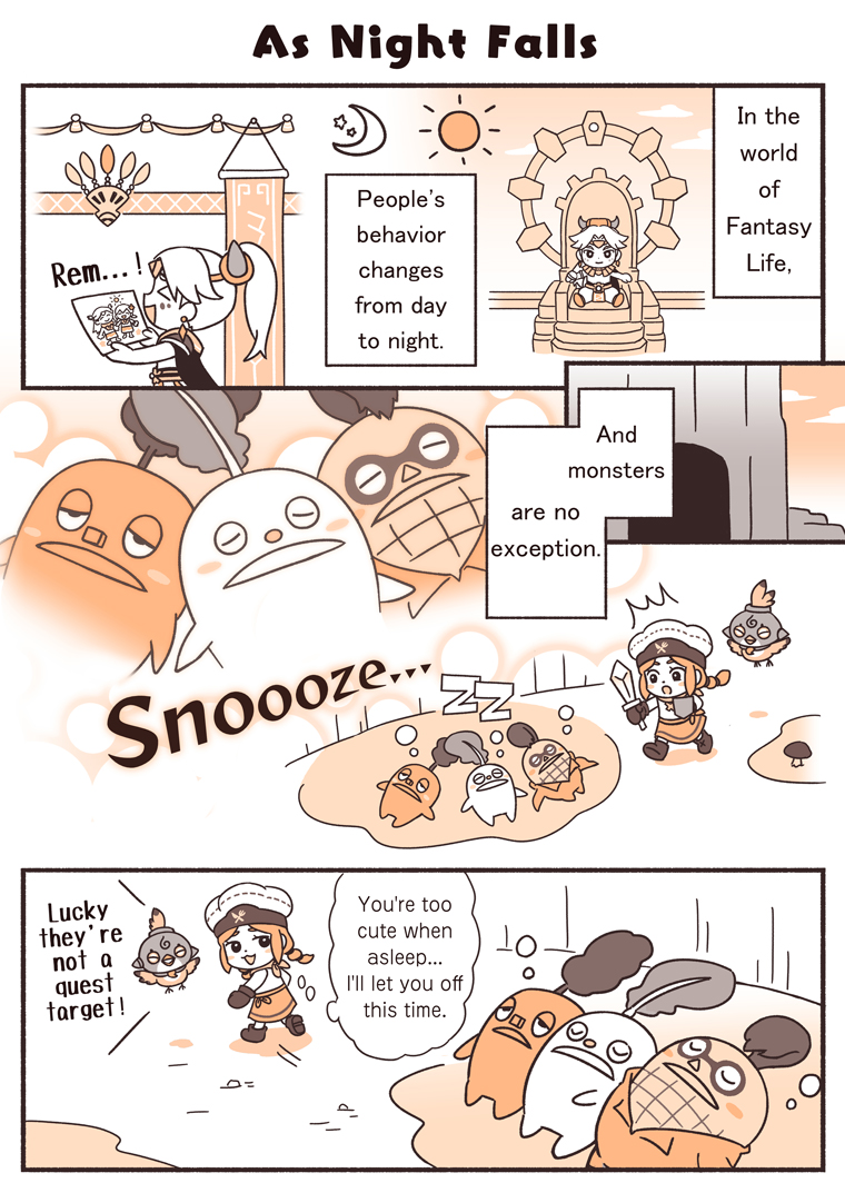 FANTASYLIFE_EN's tweet photo. Goetamu’s FANTASY LIFE i Gameplay Diary: Gather, Craft &amp; Combat 101
"As Night Falls" (3/3)

They're full of energy in the daytime—
but at night, could their other side be any sweeter? 🌙

#FLi https://t.co/xgOlcyONdE