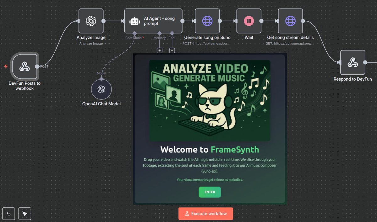 🚀 Framesynth v0.9 is live. 
 
Upload a video → get a visual analysis + a unique AI-generated song. 🎵   

Stack: 
-Image analysis &amp; prompts: OpenAI 
-Music: <a href="/SunoMusic/">Suno</a> API 
-Automations: <a href="/n8n_io/">n8n.io</a> 
-Vibe coded at: <a href="/devfun/"></a>

App link &amp; todo. 👇