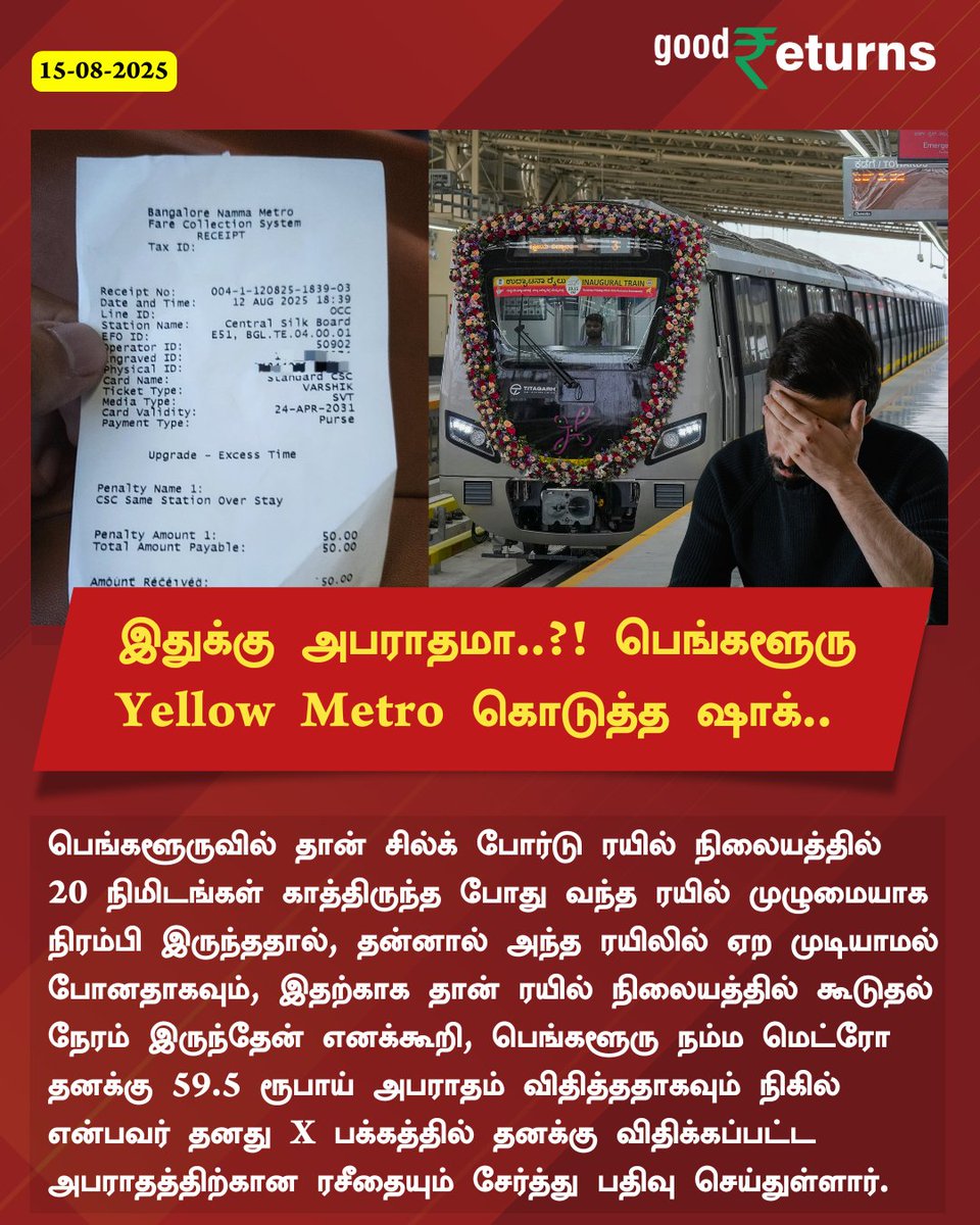 GoodreturnsTa's tweet photo. இதுக்கு கூடவா அபராதமா..?! பெங்களூரு  Yellow Metro கொடுத்த ஷாக்.. திட்டி தீர்க்கும் நெட்டிசன்கள்!! 
More Details: https://t.co/y5ka3UJQu8 

#Bengaluru #Traffic #MetroYellowLine #Offbeat #TamilGoodReturns https://t.co/1JiQ3hDPpA