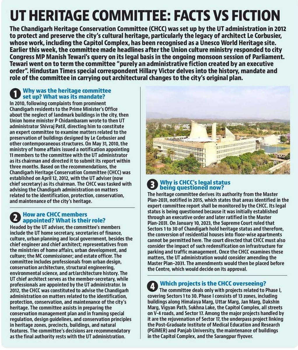 ManishTewari's tweet photo. I thank @hillary_victor of @HTChandigarh for reconfirming that the Chandigarh Heritage Conservation Committee  is an administrative fiction without any legal basis.

It is not grounded in any statutory enactment. 

While the Chandigarh Master Plan may have some basis in law a committee mentioned in the Master Plan is therefore grounded in law is a complete non-sequitur. 

Even a Court of Law  assigning a particular task to a particular committee is and maybe entirely within the prerogative of that court but assignment of a particular remit to a particular committee also does not clothe it with a legal character.

Conservation of Heritage is of supreme importance  and therefore the Chandigarh Heritage Conservation Committee must actively apply itself to the conservation of those buildings that fall within the 13 zones identified by the Expert Heritage Committee constituted by @ShivrajPatilC at the instance of @PChidambaram_IN in 2010 and not become the final arbiter of the progress , development and growth of the City . 

Cities are living and evolving entities not museum’s.
