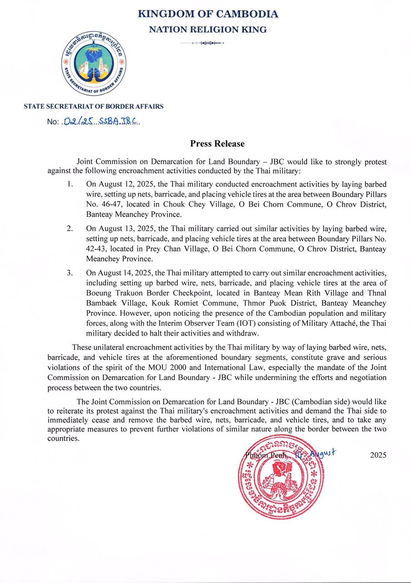 vsophorn's tweet photo. The Joint Border Commission (JBC) of Cambodia strongly protests against the violations committed by the Thai military on Cambodia's territorial sovereignty by encroaching, setting up nets, traps, and deploying vehicles along the border line at Chouk Chey village and Prey Chan village, Ou Bei Chan commune, Ou Chrov district, Banteay Meanchey province.

#Cambodianeedspeacenotwar #Cambodianeedspeace #Freecambodiansoldiers