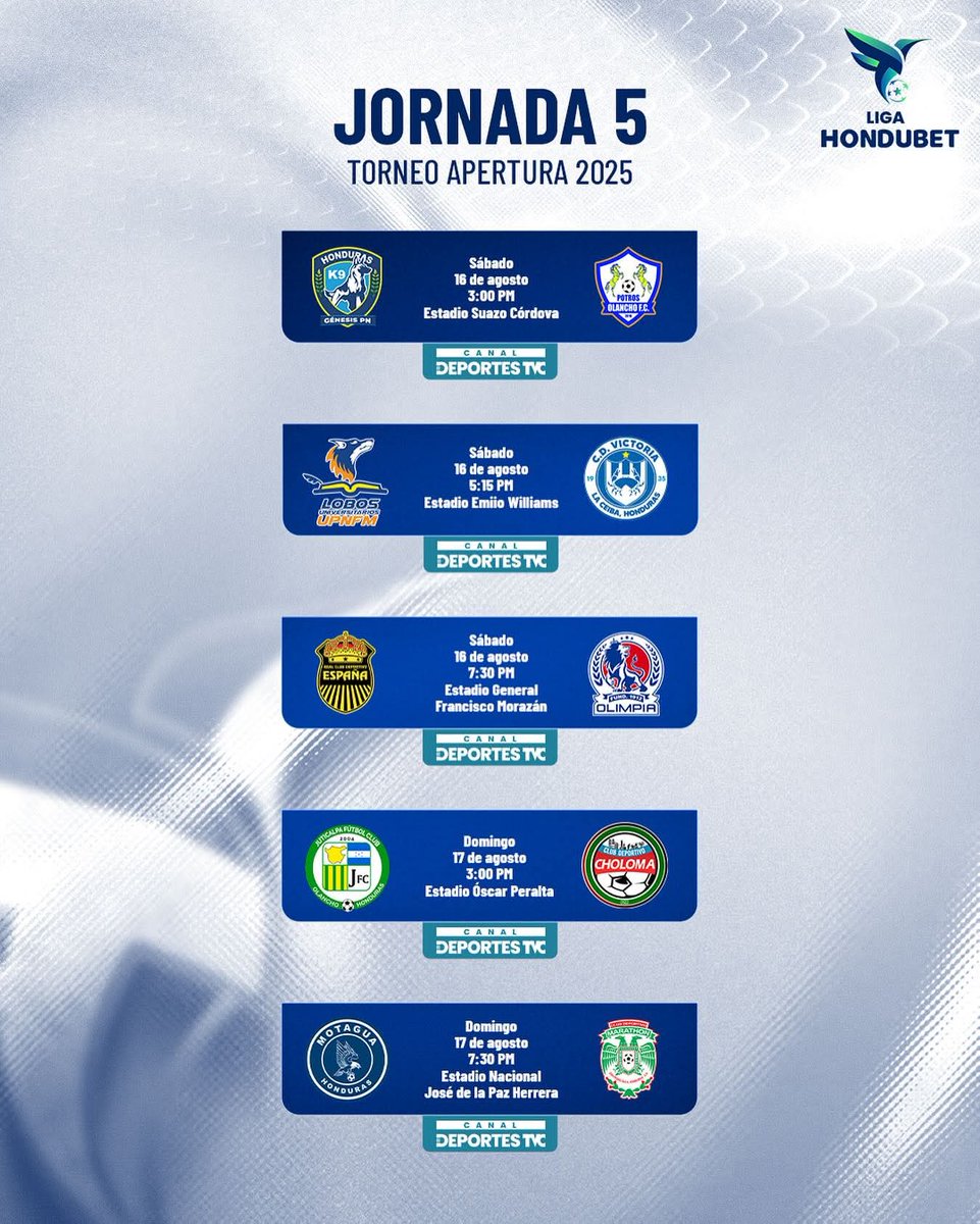 #EDHN #DEPORTES ⚽ || 📝 Así se jugará la jornada 5 del Torneo Apertura de la Liga Nacional.

📌El Génesis PN abre la fecha al enfrentar en el Estadio Suazo Córdova de La Paz al Olancho FC a las 3 de la tarde.
