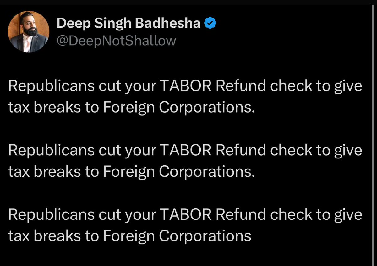 RyanSeastrom's tweet photo. @DeepNotShallow Seems weird to say “Gosh it’s the R’s fault for cutting TABOR, hate them, then say “Man I wish we didn’t have TABOR.” Pick a lane. @MichaelCLFields @SenKirkmeyer #copolitics https://t.co/RJDUaQObgu