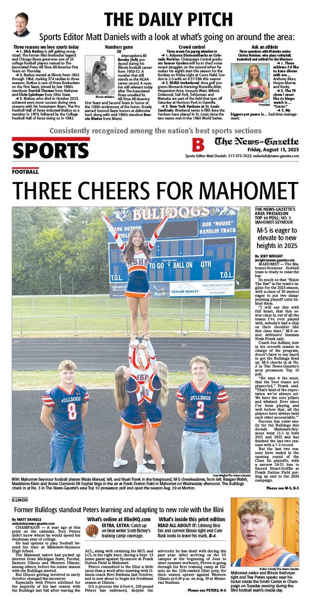 News-Gazette Preps (@ngpreps) on Twitter photo Friday's N-G sports cover features <a href="/JoeyWright2000/">Joey Wright</a> on <a href="/MSBulldogFTBL/">M-S Bulldog Football</a> as the No. 3 team in our area preseason Top 10 rankings, plus <a href="/mdaniels_NG/">Matt Daniels</a> on #Illini tight end Trey Peters and with his latest version of the Daily Pitch.
<a href="/APSE_sportmedia/">APSE</a>
<a href="/ngphotostaff/">News-Gazette Photo</a> Friday's N-G sports cover features <a href="/JoeyWright2000/">Joey Wright</a> on <a href="/MSBulldogFTBL/">M-S Bulldog Football</a> as the No. 3 team in our area preseason Top 10 rankings, plus <a href="/mdaniels_NG/">Matt Daniels</a> on #Illini tight end Trey Peters and with his latest version of the Daily Pitch.
<a href="/APSE_sportmedia/">APSE</a>
<a href="/ngphotostaff/">News-Gazette Photo</a>