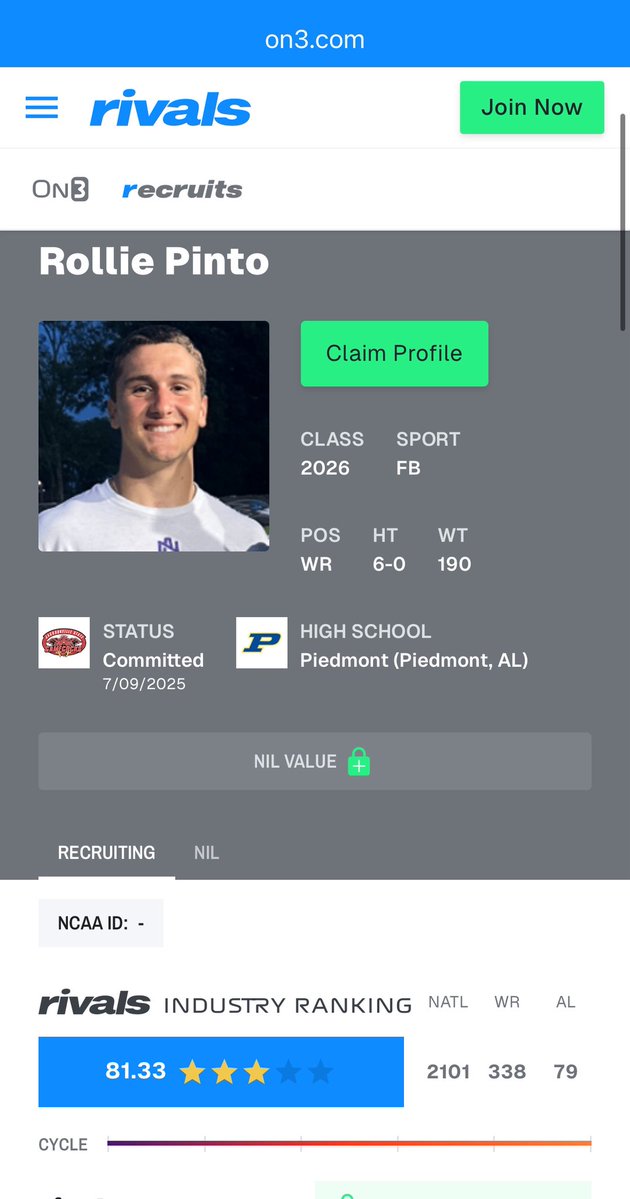 Rollie Pinto (@rolliepinto) on Twitter photo So blessed to be ranked a 3 star! Thank you <a href="/On3sports/">On3</a> <a href="/Rivals/">Rivals</a> <a href="/Piedmontfball/">Piedmont High School Football</a> <a href="/kjohnbedwell/">Kevin John Bedwell</a>
<a href="/DexPreps/">DexPreps</a> <a href="/DownSouthFb1/">Down South</a>
<a href="/UnLockYourGame/">UnLockYourGame</a> <a href="/ScoutFball/">Larry Rudolph</a>
<a href="/jmedley_EAToday/">Joe Medley</a> <a href="/HSFA_ATG/">HighSchoolFootballAlabama</a>
<a href="/BreedSpeed7/">BELITE Speed School</a> <a href="/pmeunited/">PME United PREPS</a>
<a href="/terellewest_/">Terelle West</a> <a href="/coachd8_8/">Marcus Dowdell</a>
<a href="/_Max_Donaldson/">Maxwell Donaldson</a> <a href="/TomLoy247/">Tom Loy</a>
<a href="/clintbrew247/">Clint Brewster</a> <a href="/Andrew_Ivins/">Andrew Ivins</a> So blessed to be ranked a 3 star! Thank you <a href="/On3sports/">On3</a> <a href="/Rivals/">Rivals</a> <a href="/Piedmontfball/">Piedmont High School Football</a> <a href="/kjohnbedwell/">Kevin John Bedwell</a>
<a href="/DexPreps/">DexPreps</a> <a href="/DownSouthFb1/">Down South</a>
<a href="/UnLockYourGame/">UnLockYourGame</a> <a href="/ScoutFball/">Larry Rudolph</a>
<a href="/jmedley_EAToday/">Joe Medley</a> <a href="/HSFA_ATG/">HighSchoolFootballAlabama</a>
<a href="/BreedSpeed7/">BELITE Speed School</a> <a href="/pmeunited/">PME United PREPS</a>
<a href="/terellewest_/">Terelle West</a> <a href="/coachd8_8/">Marcus Dowdell</a>
<a href="/_Max_Donaldson/">Maxwell Donaldson</a> <a href="/TomLoy247/">Tom Loy</a>
<a href="/clintbrew247/">Clint Brewster</a> <a href="/Andrew_Ivins/">Andrew Ivins</a>