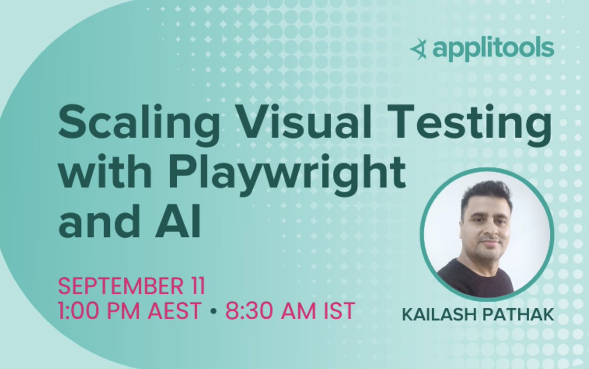 Kailash Pathak (@kailashpathak7) on Twitter photo Looking to improve your team’s end-to-end testing reliability?
Register Here : bit.ly/4mGyNQB
I will share practical strategies using <a href="/playwrightweb/">Playwright</a> and AI-driven visual validation with <a href="/Applitools/">Applitools</a> Eyes—helping teams catch visual issues. Looking to improve your team’s end-to-end testing reliability?
Register Here : bit.ly/4mGyNQB
I will share practical strategies using <a href="/playwrightweb/">Playwright</a> and AI-driven visual validation with <a href="/Applitools/">Applitools</a> Eyes—helping teams catch visual issues.