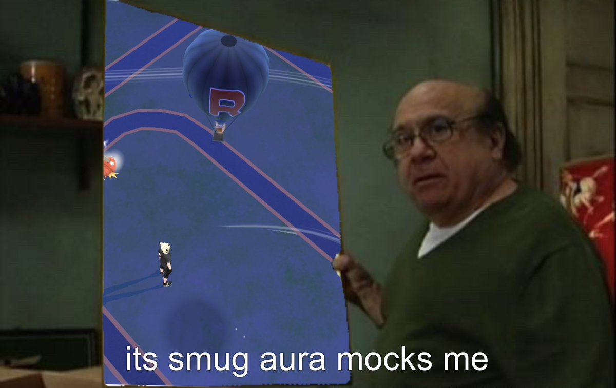 I can’t beat Giovanni in Pokémon Go so now this fuck ass balloon follows me everywhere and there’s nothing I can do about it 😔