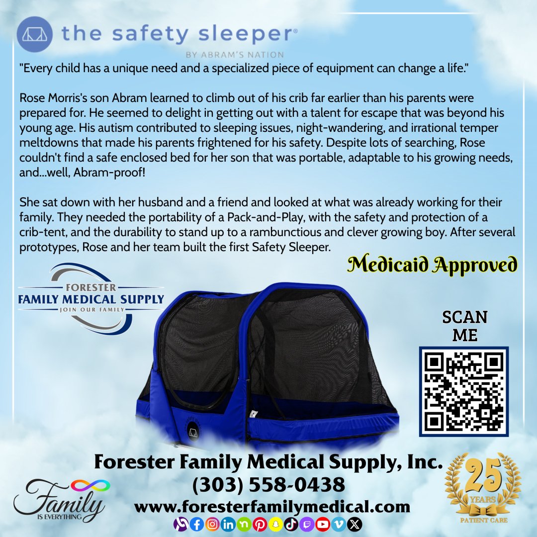 ForesterFamMed's tweet photo. 🌙 Peace of Mind for Families 💙

We’re thrilled to partner with The Safety Sleeper® by Abram’s Nation – a truly life-changing solution for families! They’ve generously provided us with a demo unit so we can feature it at shows and events, giving parents and caregivers the chance to see firsthand how this innovative enclosed bed can help keep loved ones safe and comfortable.

Designed with portability, durability, and adaptability in mind, The Safety Sleeper is perfect for children and adults who need a secure sleep environment. Whether at home or on the go, it provides peace of mind while meeting unique safety needs.

✨ Did you know? Many families who qualify can get their Safety Sleeper covered by Medicaid!
Come see the demo at our next event, ask questions, and explore how this special piece of equipment can change lives. 🛏💫

📍 Forester Family Medical Supply, Inc.
 📞 (303) 558-0438
 🌐 https://t.co/bMAALCKJvC

#SafetySleeper #ForesterFamilyMedical #SpecialNeedsParenting #SafeSleep #AutismAwareness #PeaceOfMind #MedicaidApproved #InclusionMatters