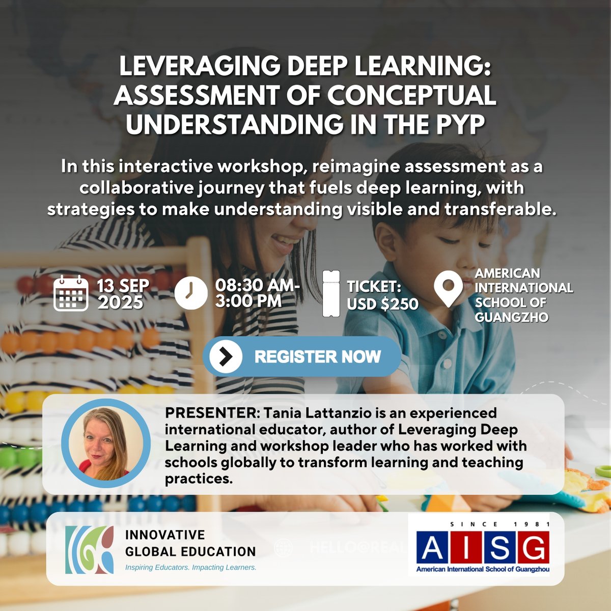 igeeducators's tweet image. Reimagine assessment beyond grades!
Join Tania Lattanzio’s PYP workshop on 13 Sept 2025 at AISG. Learn strategies &amp;amp; tools to make understanding visible, purposeful &amp;amp; transferable.
Seats limited. Register now! 🔗ow.ly/5fBF50WGoqS
#PYPWorkshop #ConceptualUnderstanding