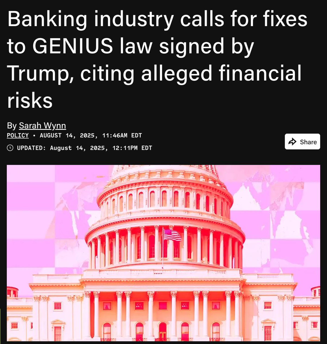 Các hiệp hội ngân hàng lớn nhất tại Hoa Kỳ đang thúc giục sửa đổi Đạo luật GENIUS bởi những lỗ hổng được cho là có trong dự luật do Tổng thống Donald Trump ký vào tháng trước.

Viện Chính sách Ngân hàng, Diễn đàn Dịch vụ Tài chính, ABA và các nhóm khác