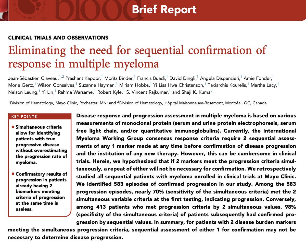 1/ Excellent <a href="/BloodPortfolio/">Blood Journals Portfolio</a> work by Claveau <a href="/MayoMyeloma/">Mayo Myeloma</a> et al. If 2+ #MMsm parameters in wrong direction at once, almost certainly PD.

🤞🏻coming to IMWG criteria soon, and I love it!
 
1️⃣ Less time tox &amp; anxiety of bringing pt back for 🩸x2
2️⃣ Quicker TTNT if Tx not working...