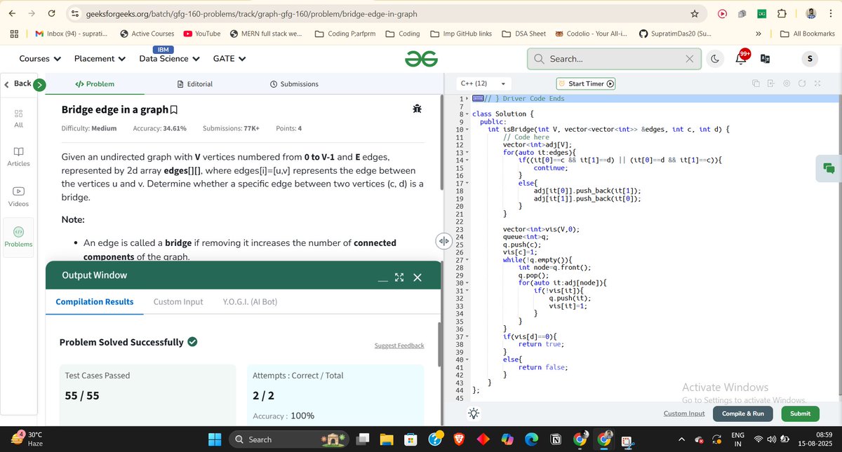 supratimdaswork's tweet photo. Day 145 of #gfg160 series @geeksforgeeks:
Topic: Graph.
Question: Bridge edge in a graph.
#geekstreak2025 #GeeksforGeeks #CodingChallenge #CodingJourney #DSA #algorithms #160daysofcoding #POTD #CONNECT https://t.co/SANgqvoGkP