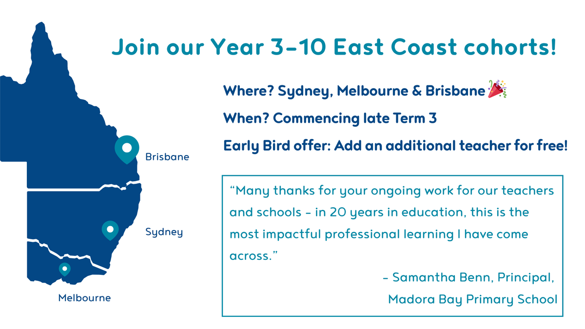 We are approaching last calls to join our brand-new Masterclass Cohorts in Melbourne, Sydney and Brisbane! 🙌

Our Early Bird offer stills stands!  Secure a place, and add another teacher for free.

Learn more on our website: lnkd.in/g755J5yH