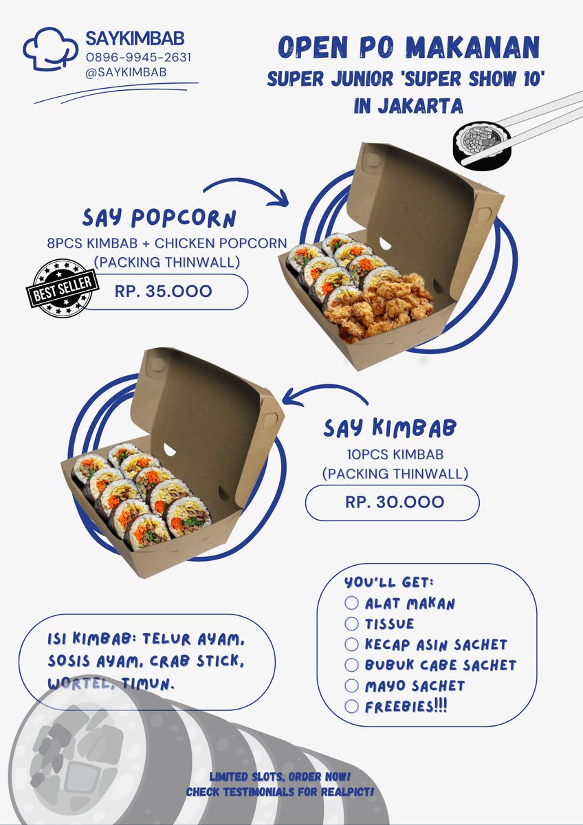 saykimbab's tweet photo. 🥢 OPEN PO MAKANAN 🥢
For: #SUPERSHOW10_in_JAKARTA 
#SUPERJUNIOR 
#20th_Anniversary_TOUR

📢 BEFORE CONCERT (KIMBAB)
🔗ORDER HERE: https://t.co/CMoOnsaywd

📢 AFTER CONCERT (JASTIP MIE GACOAN)
🔗ORDER HERE: https://t.co/dEI7Z0TIO1

📌Testimoni cek bio
⁉️tap gform / ask for detail https://t.co/dXQkHjF4tH