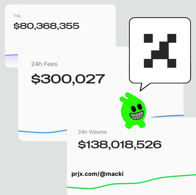 Screenshot of Project X stats showing $80M TVL, $300K 24h fees, and $138M 24h volume with a fun meme character