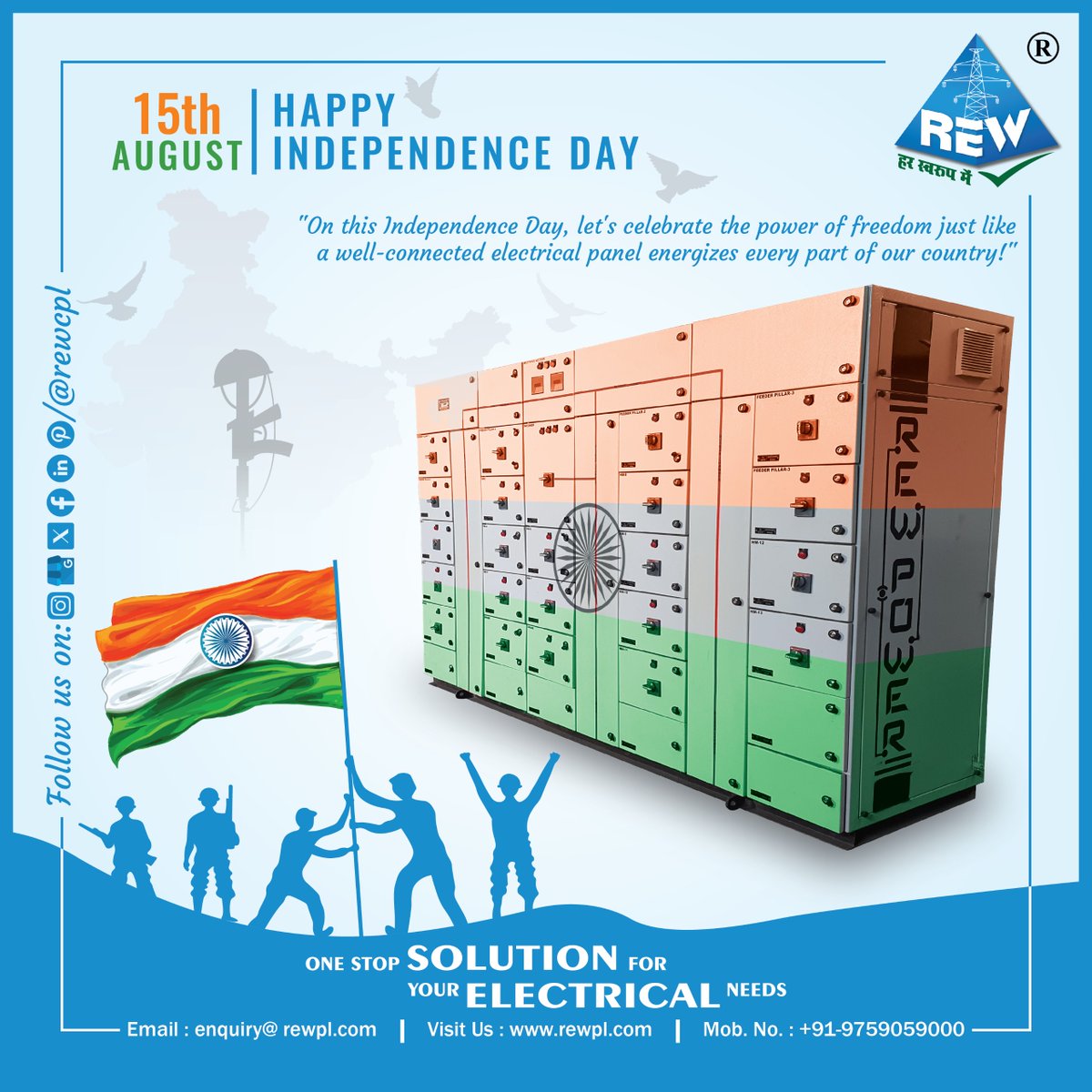 rewcpl's tweet photo. On this Independence Day, let's unite as one nation and celebrate the diversity that makes us strong. Log on https://t.co/YOaQbET62f #electricalconsultants #onestopelectricalsolution #manufacturers #traders #rewcpl #energyauditor #electricalengineering #EPC #electricalengineering https://t.co/8hYPTQ8WlQ