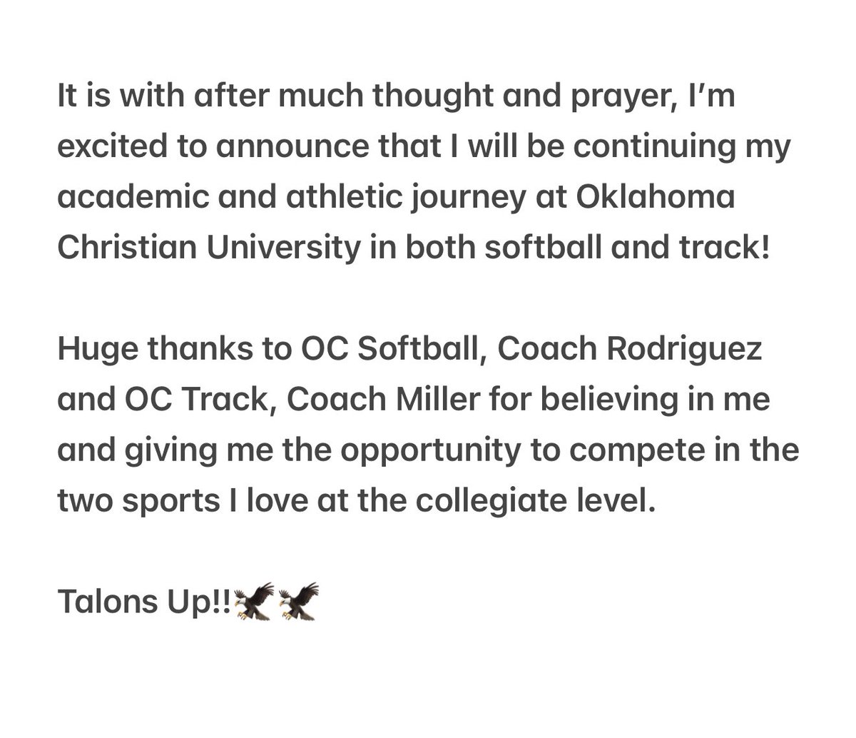 Beyond excited for what’s next!! 

Talons up!!🦅 

<a href="/OCeaglesSB/">OC Softball</a> <a href="/OCEagles/">OC Eagles</a> <a href="/oceagles_xctf/">OC Track&Field/XC</a> <a href="/ShaleeRodriguez/">Shalee Rodriguez</a> <a href="/BayMcKittrick/">Bailey McKittrick</a> <a href="/OKAsPremier07/">Oklahoma Athletics 18u Premier McFadden</a>
