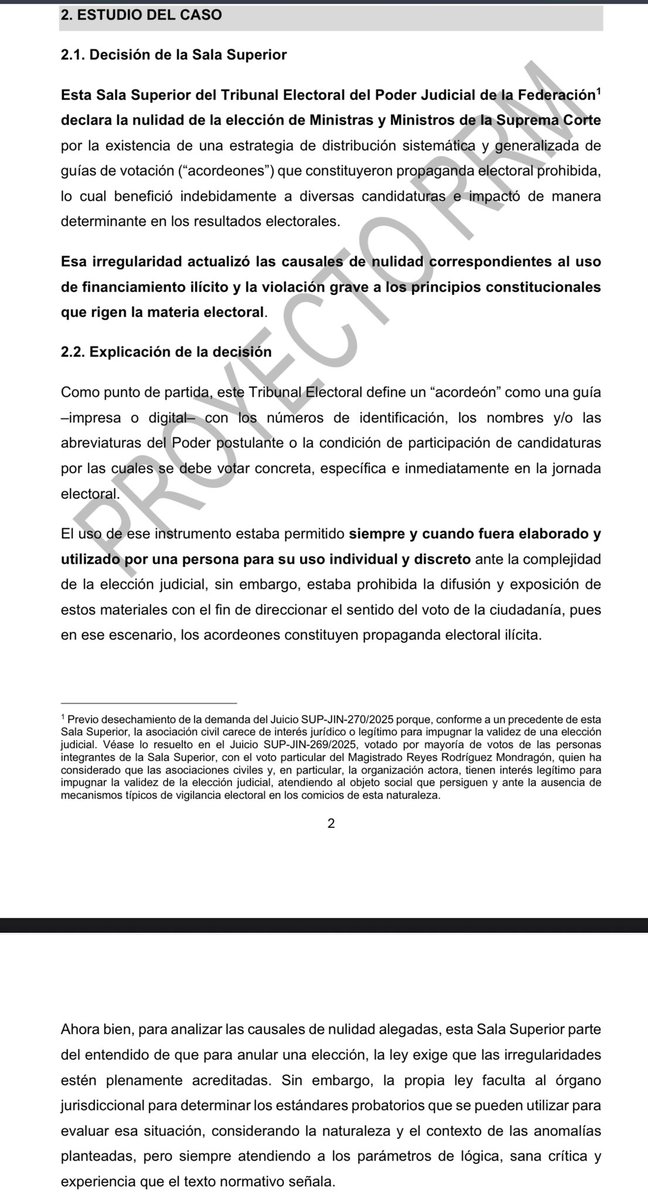 ErnestoGuerra_'s tweet photo. 🗳️🔖 ÚLTIMO MOMENTO: El Magistrado Reyes Rodríguez hace público proyecto de resolución que declara la NULIDAD de la elección de Ministras y Ministros de la Suprema Corte.

Lo anterior por “la existencia de una estrategia de distribución sistemática y generalizada de guías de votación ("acordeones") que constituyeron propaganda electoral prohibida, lo cual benefició indebidamente a diversas candidaturas e impactó de manera determinante en los resultados electorales.”

Aunque es documento muy extenso de 498 cuartillas buscará revocar los acuerdo del Consejo General del INE mediante los cuales se dio la validez de la elección judicial para el cargo de Ministras y Ministros de la Suprema Corte de Justicia. 

Sin duda es un gran intento, aunque debemos recordar que el Magistrado Reyes está en la minoría de los integrantes de la Sala Superior del TEPJF.

Veremos si en este último intento hay sorpresas.