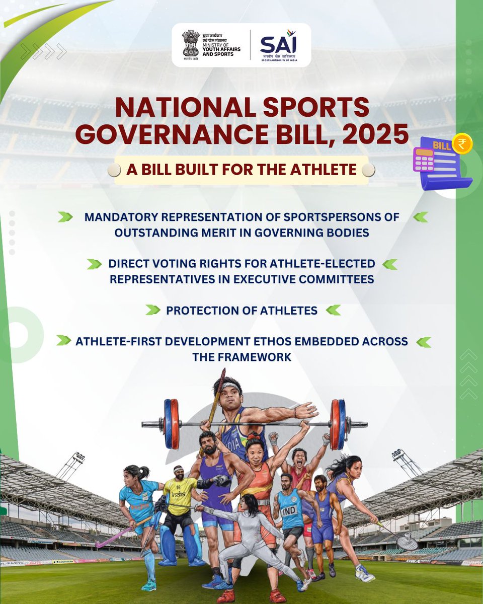 A Historic moment for Indian sports!
The #SportsBill2025 has been passed by both Houses, setting new standards in
governance, transparency &amp; athlete welfare ensuring a safer, fairer playing field for
every athlete in Bharat.