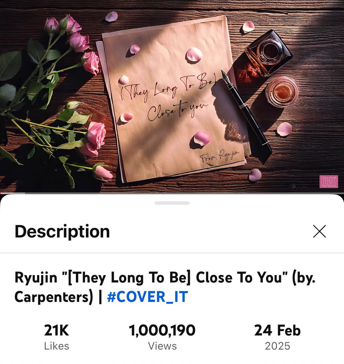 [YouTube] 

Ryujin "[They Long To Be] Close To You (by. Carpenters)" Cover has surpassed 1M views!

— The fastest COVER_IT video to reach 1M views 🔥
— 2nd #RYUJIN’s COVER_IT video to reach 1M views 🎊

🎬 youtu.be/QQNvQswB0j8

#ITZY #있지 #류진 #リュジン #申留真