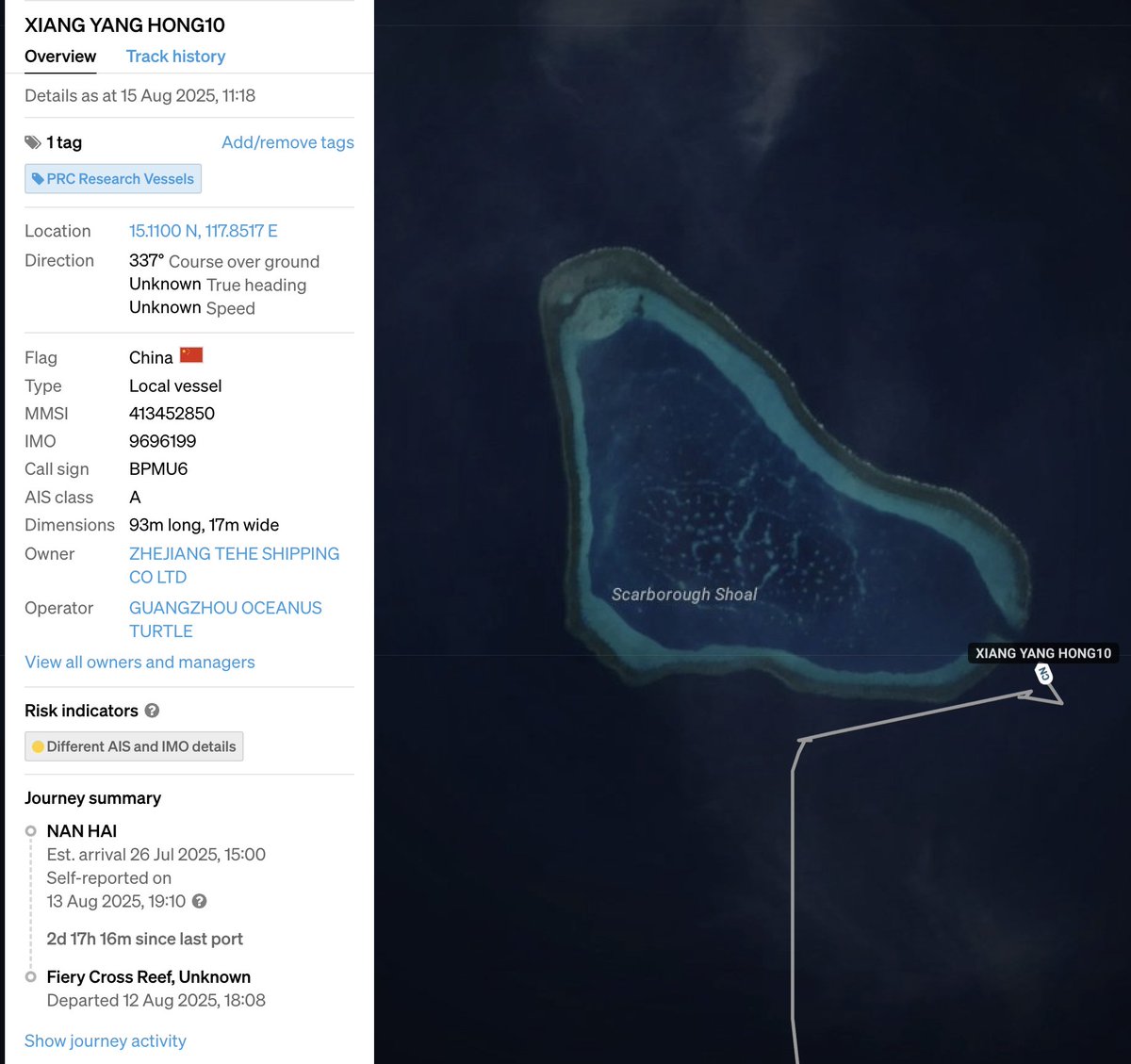 UPDATE: 🇨🇳#China's research ship Xiang Yang Hong 10 has repositioned to the mouth of #ScarboroughShoal, perhaps intending to deploy people &amp; equipment into the shoal's interior. One reason for this could be ... [🧵1/2]