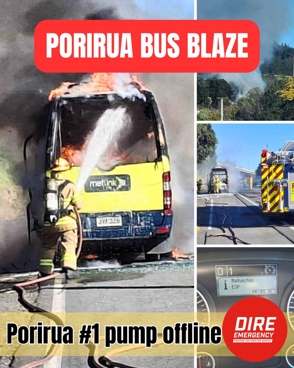 #BREAKING | Hours after revealing that Porirua's busiest fire truck had broken down, a bus fire has erupted on the motorway - just 2-minutes from Porirua station #DireEmergency
