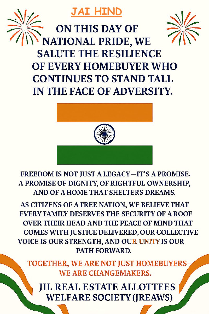 iwantmyhome_in's tweet photo. #IndependenceDay #JREAWS #HomebuyersUnited #FreedomToOwn #JusticeForAllottees #JaiHind #savejpwishtown #savejilhbs #jaypee #sudhirvalia #pmo #narendermodi #cmoup #yogiji https://t.co/LRH99x0038