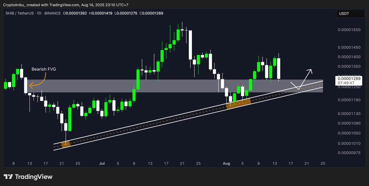 Very nice setup from $SHIB here.

At a solid support level, which is its bullish trendline and previous bearish FVG.

Will be very interesting if it can enter the bullish trendline, no brainer buy from there.