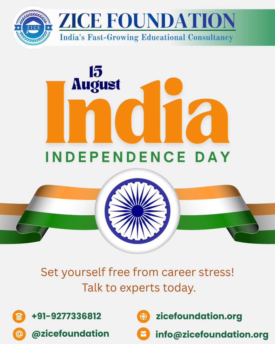 zicefoundation's tweet photo. 🇮🇳This Independence Day, let’s honor the spirit of freedom and take a step toward a brighter future. 🌟
At ZICE Foundation, we’re here to guide you, inspire you, and help you achieve your dreams without career stress. 💼📚
Happy 15th August! Jai Hind! 🇮🇳 https://t.co/x2N7sNfM8s
