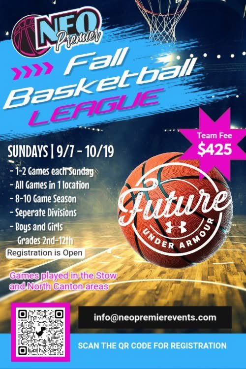 Team Registration for Fall League is Open.  The league is open to to boys and girls grades 2nd through 12th.  Teams in 8th grade and above, must comply with the OHSAA rule of no more then 3 players from a school.  Registration link: basketball.exposureevents.com/244367/neo-pre…