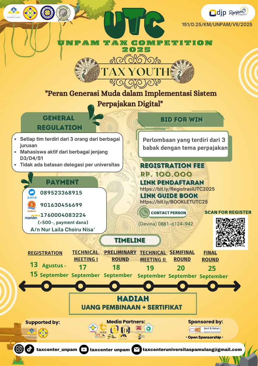 moonastyck's tweet photo. 🦚UTC (Unpam Tax Competition) 2025🦚
Mahasiswa/i se Indonesia yang punya pengetahuan perpajakan, yuk daftar UTC 2025!

🎁Total hadiah jutaan rupiah!
🎯Rangkaian lomba FULL ONLINE
Info lebih lanjut: https://t.co/5D5hSl9bCc
*bisa juga dm aku
Kami tunggu tim terbaikmu ya! https://t.co/1FfmBKP42Q