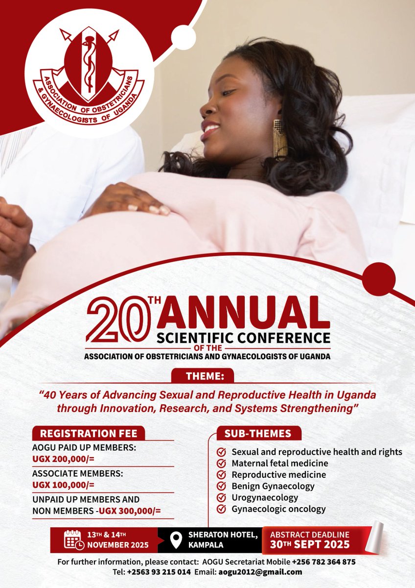 AOGU (@aogu1985) on Twitter photo Register now or Submit your abstract for the 20th AOGU Scientific Conference & AGM to be held 13th - 14th Nov 2025, at Kabira Country Club.
Abstract submission closes 30/Sept/2025.
forms.gle/sQ8pWzzX3dM9JZ…
<a href="/MinofHealthUG/">Ministry of Health- Uganda</a> <a href="/TheUMAofficial/">Uganda Medical Association</a> <a href="/FIGOHQ/">FIGO HQ</a> <a href="/ecsacog/">ECSACOG</a> <a href="/kajabwanguR/">Rogers Kajabwangu </a>
#AOGUat40 Register now or Submit your abstract for the 20th AOGU Scientific Conference & AGM to be held 13th - 14th Nov 2025, at Kabira Country Club.
Abstract submission closes 30/Sept/2025.
forms.gle/sQ8pWzzX3dM9JZ…
<a href="/MinofHealthUG/">Ministry of Health- Uganda</a> <a href="/TheUMAofficial/">Uganda Medical Association</a> <a href="/FIGOHQ/">FIGO HQ</a> <a href="/ecsacog/">ECSACOG</a> <a href="/kajabwanguR/">Rogers Kajabwangu </a>
#AOGUat40