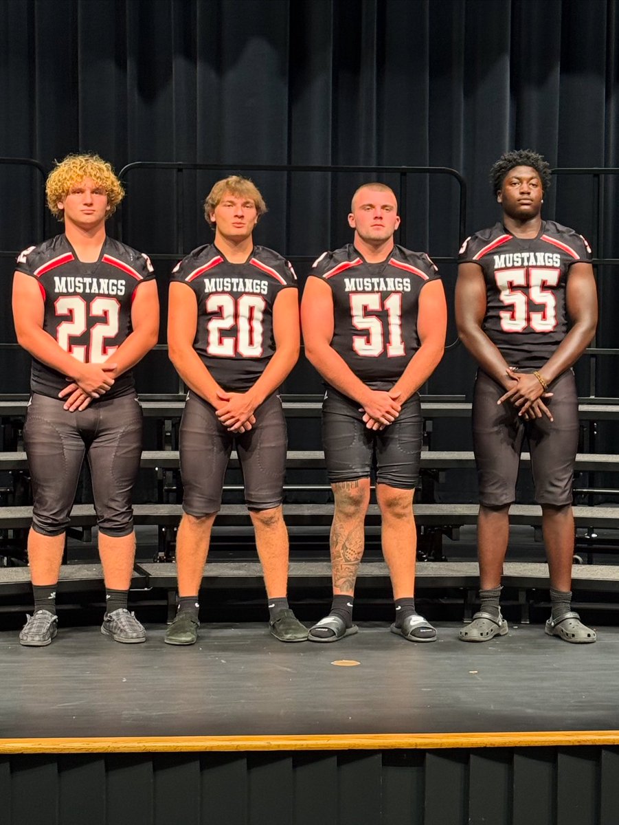 2025 Mustang Football Captains: Ian Wysocki, Kyle Stup, Donnie Eaton, and Kenny Akintoye