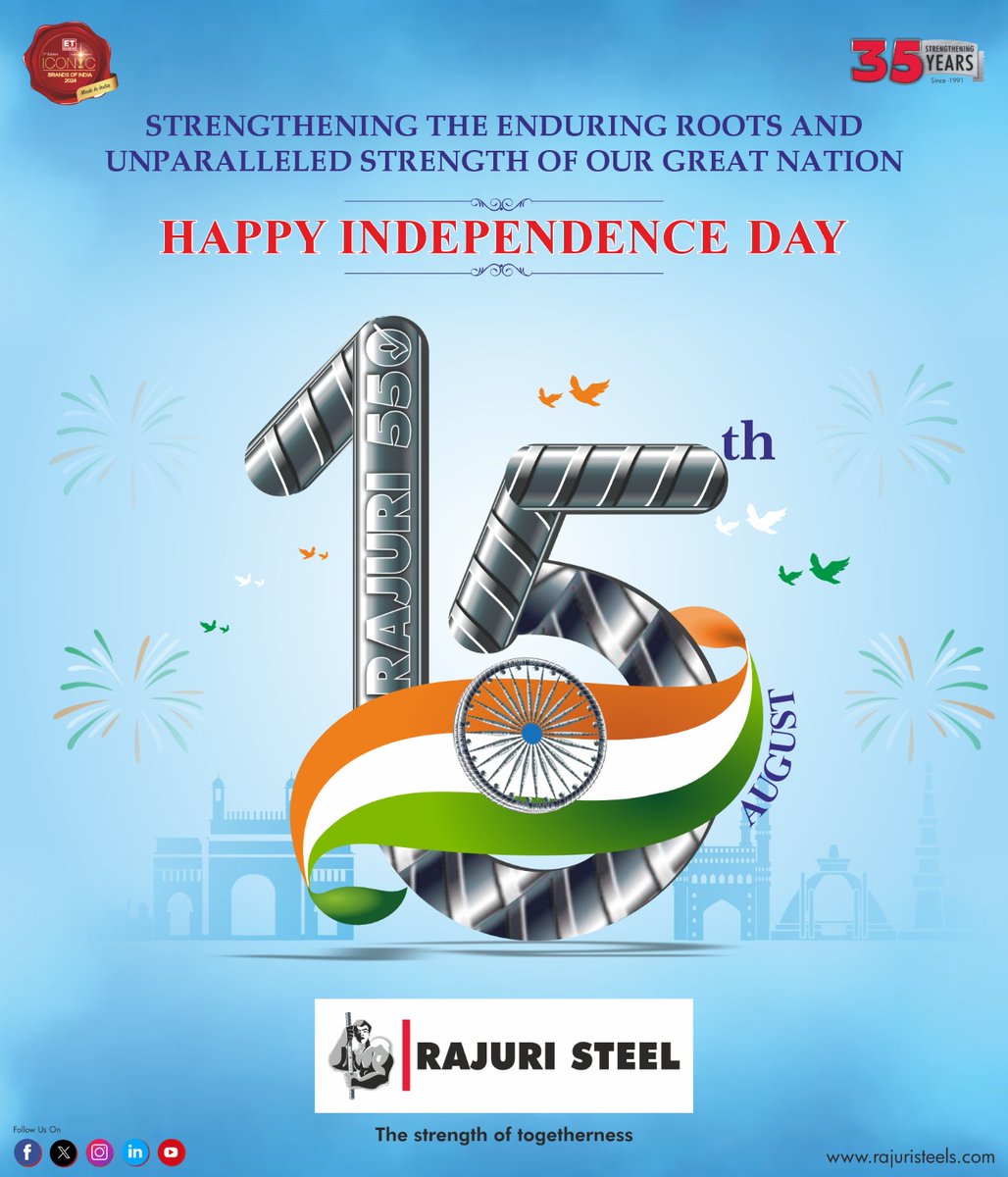 RajuriSteels's tweet photo. 🇮🇳 This #IndependenceDay, let’s build a stronger tomorrow!
At #RajuriSteel, we salute the resilience, unity & determination that define our nation. 💪
Happy Independence Day!🇮🇳
#TMTSariya #StrengthofTogetherness #35StrengtheningYears #Rajuri500 #Rajuri550 #Rajuri550D https://t.co/U20ffylEqJ