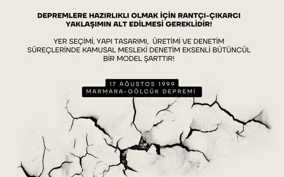 Depremlere Hazırlıklı Olmak İçin Rantçı-Çıkarcı Yaklaşımın Alt Edilmesi Gereklidir!

Yer Seçimi, Yapı Tasarımı,  Üretimi ve Denetim Süreçlerinde Kamusal Mesleki Denetim Eksenli Bütüncül Bir Model Şarttır!

mmo.org.tr/merkez/basin-a…