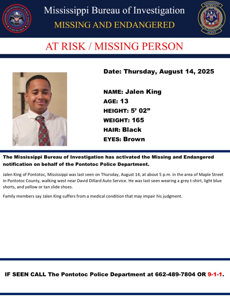 A Missing / Endangered Alert has been issued for Jalen King of Pontotoc.