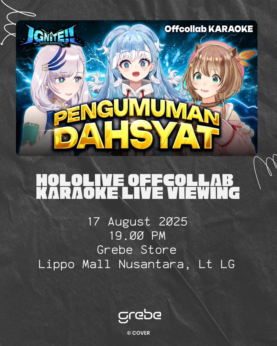 🎤 Ikuti keseruan live stream Offcollab Karaoke hololive Indonesia di Grebe Store!🎶✨

📺 Live Viewing Party
🕔 19:00 WIB
📍 Grebe Store
🎟 Free Entry – datang bersama teman dan ikut nyanyi bareng!🎤