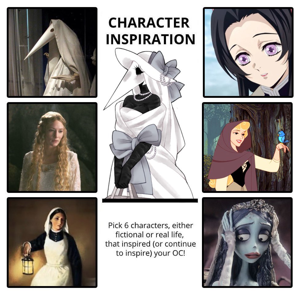 (Character Inspiration ของวินนี่ค่า🤍)

- Plague Nurse
- Kanae Kocho (Kimetsu no Yaiba)
- Galadriel (LOTR)
- Briar Rose (Sleeping Beauty)
- Florence Nightingale 
- Emily (Corpse Bride)