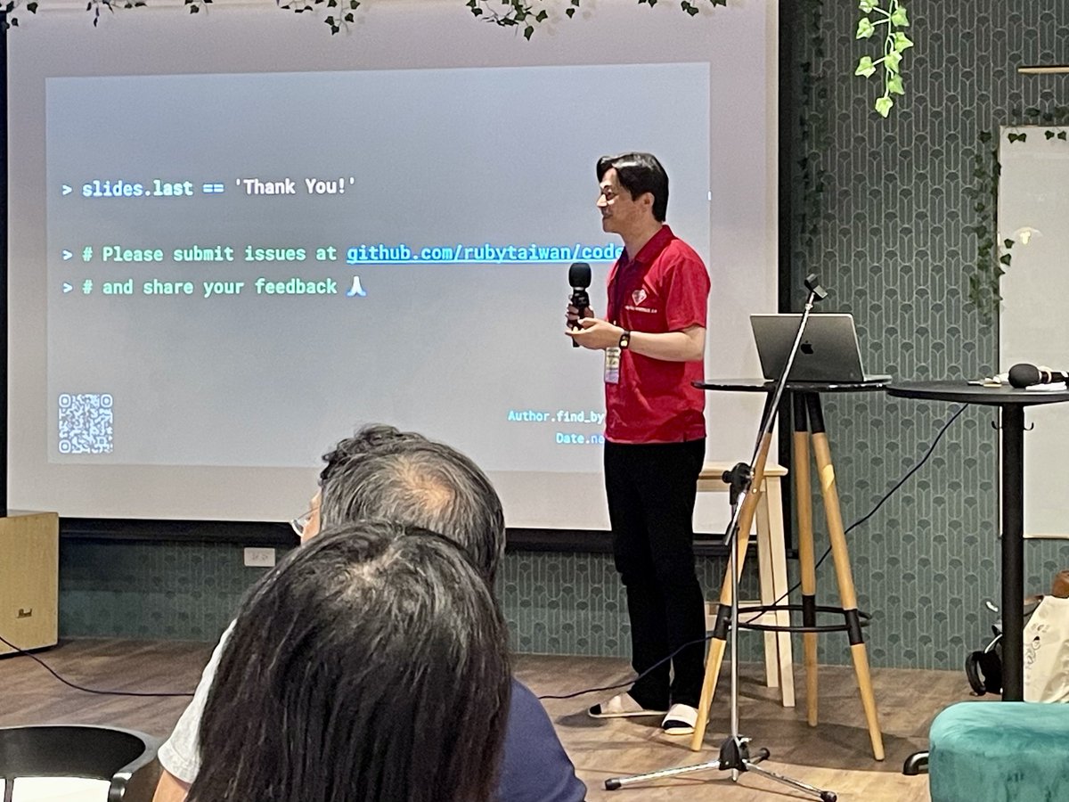 rubyconftw's tweet image. “From now on, we don't need the safe-navigation `&.` anymore!”
“The party... STARTs!” ヽ(´▽` ) ゝ
— Kasa, organizer, kicking off the first-ever #CodeParty at RubyConf Taiwan 🐣🎉
with warm greetings from @akihito_uesada, mayor of @rubycitymatsue.
#RubyConfTW #COSCUP