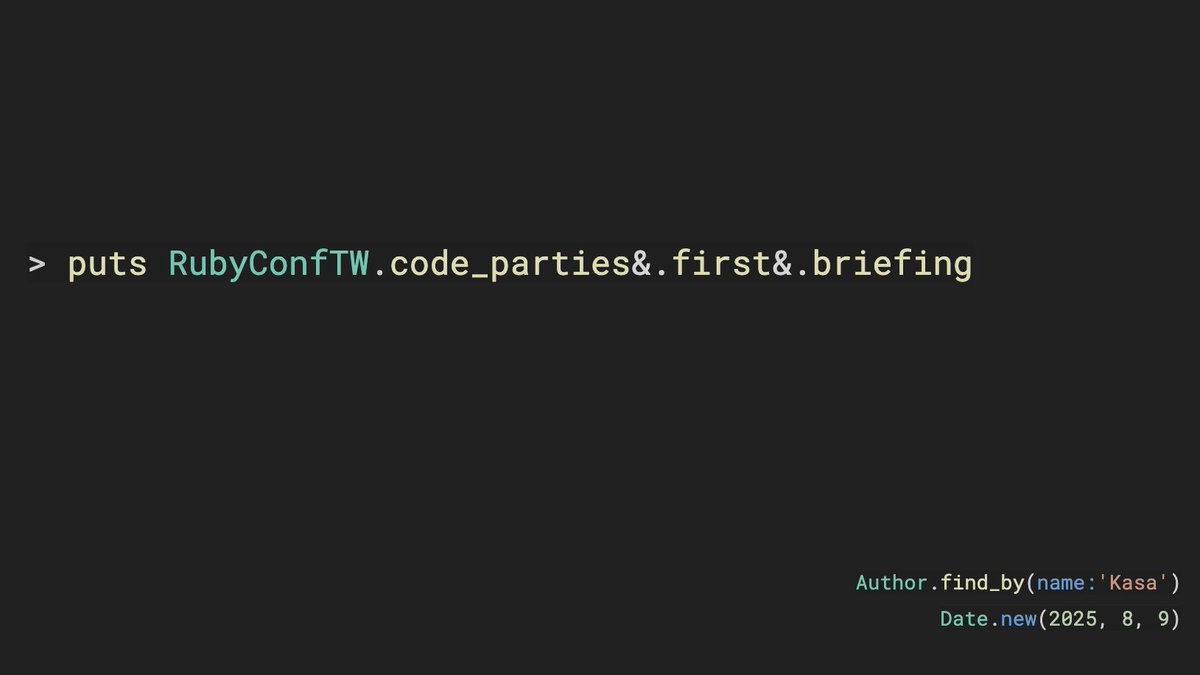 rubyconftw's tweet image. “From now on, we don't need the safe-navigation `&.` anymore!”
“The party... STARTs!” ヽ(´▽` ) ゝ
— Kasa, organizer, kicking off the first-ever #CodeParty at RubyConf Taiwan 🐣🎉
with warm greetings from @akihito_uesada, mayor of @rubycitymatsue.
#RubyConfTW #COSCUP