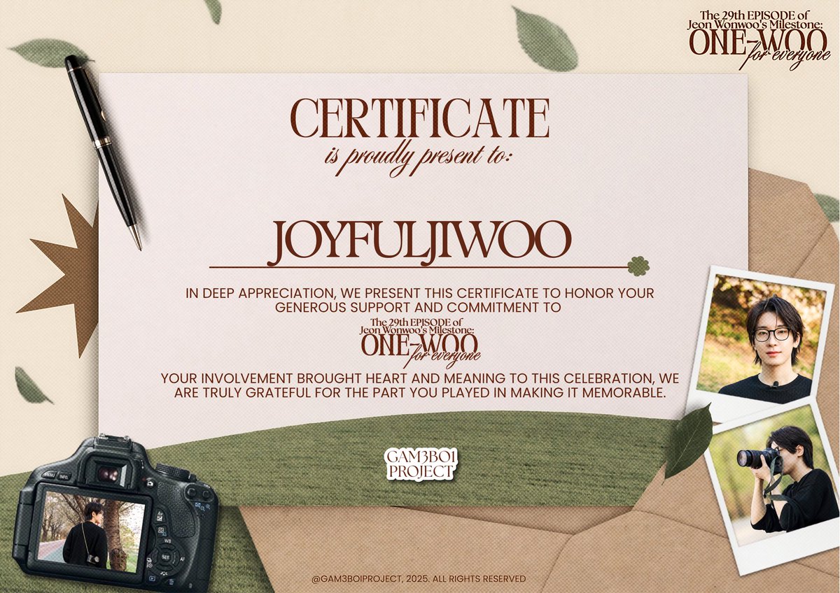 hey <a href="/GAM3BO1PROJECT/">Wonwoo’s</a>, thank you so much for the appreciation certificate! means a lot. huge congrats on the successful project. everything turned out amazing! can’t wait for the next one! 📽️🎞️