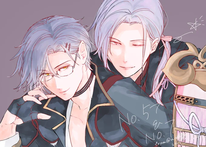 リクエスト① 明石国行と大般若長光(一部装飾はオフしてます) です! 久しぶりに描くにゃーさんは色んな表情が似合いそうだから描きやすくて好きなんですが装飾が…ねっ!! ということでリクエストありがとうございました〜