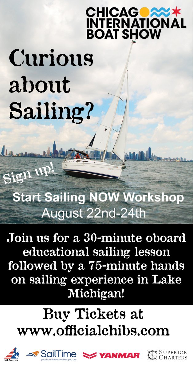 SailAmerica's tweet photo. Learn to sail at the first-ever Chicago International Boat Show! 

Start Sailing NOW workshop: 30-min onboard lesson + 75-min sail on Lake Michigan. 

Low-cost tickets at the show site. #sail #sailing #learntosail #Chicago #LakeMichigan #boatlife https://t.co/B0Nv5t6KmZ