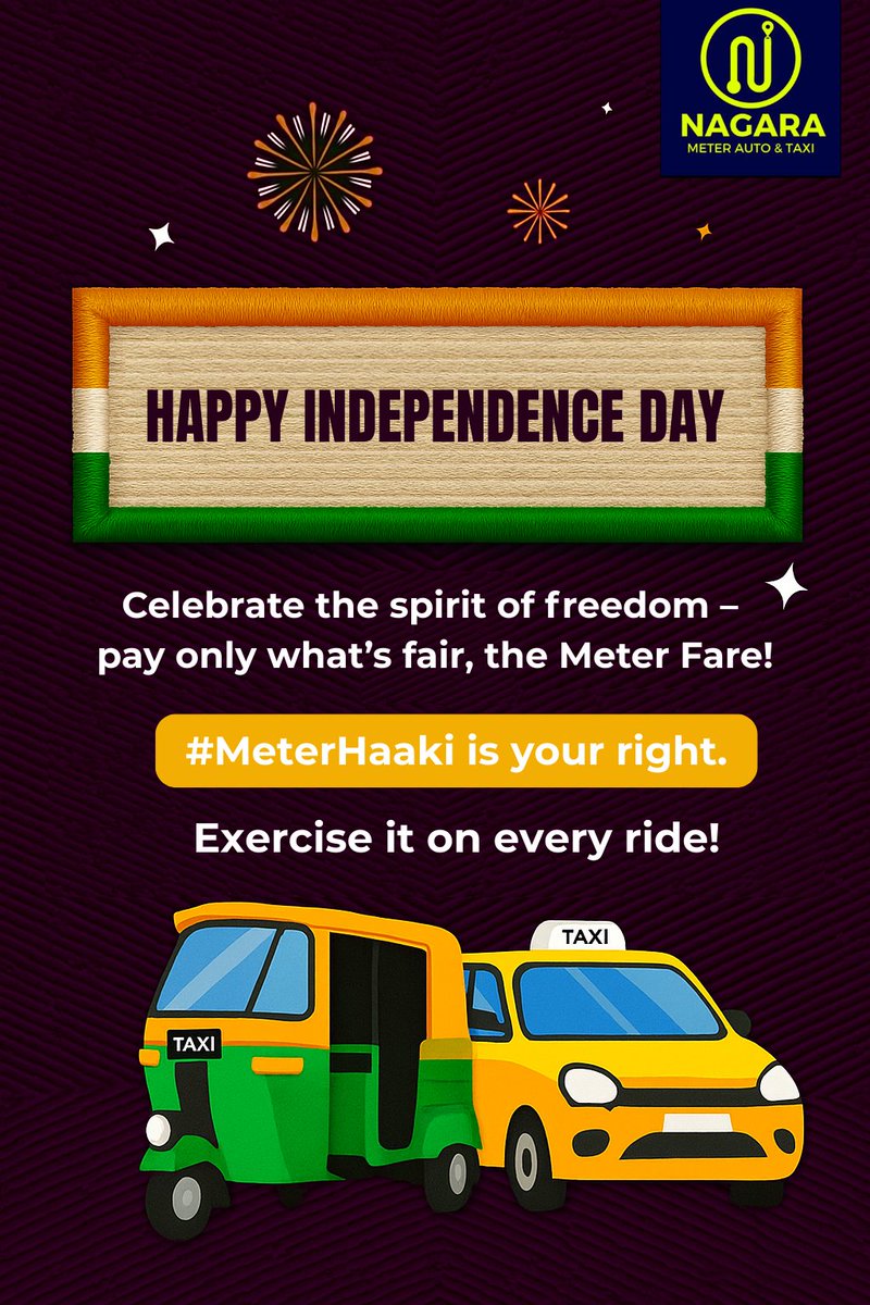 🇮🇳 Happy Independence Day! 🎉
Fair Fare is your right – #MeterHaaki.
Exercise it on every ride! 🛺🚕

Nagara – Freedom from dynamic price, Only Meter Fare

ನಮ್ಮ ನಗರ ನಮ್ಮ ಹೆಮ್ಮೆ ❤️