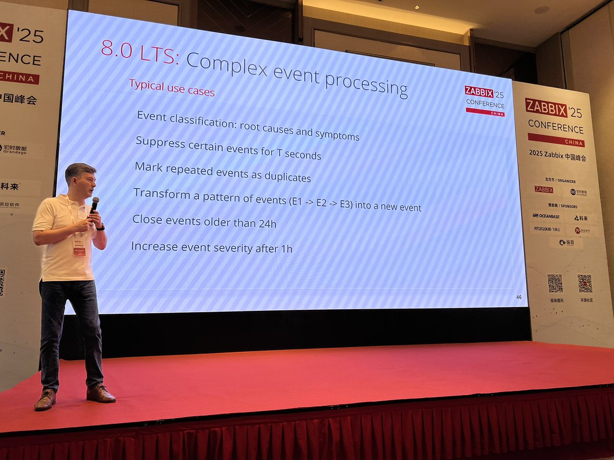 kodai74's tweet photo. Zabbix Conference China@上海に来てます。Zabbix 8.0 LTSでは一定時間経過した障害を自動的にクローズする機能を検討しているようです。この機能があると助かる人多いですよね https://t.co/r4EQg7geMA