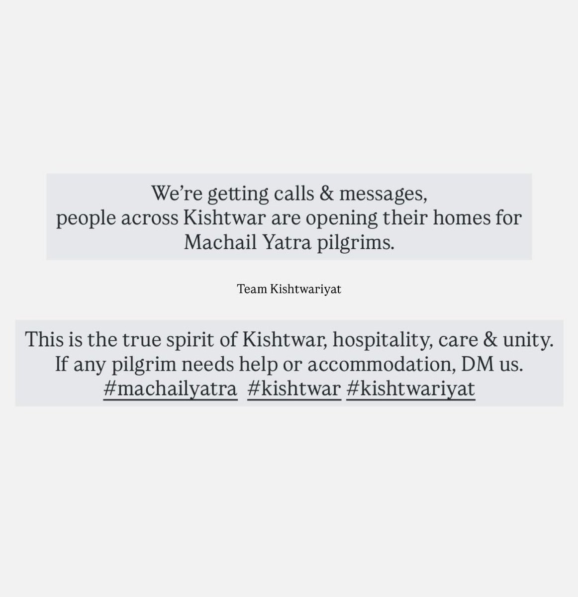 We’re getting calls &amp; messages, people across Kishtwar are opening their homes for Machail Yatra pilgrims.
This is the true spirit of Kishtwar, hospitality, care &amp; unity.
If any pilgrim needs help or accommodation, DM us.

#machailmata #padder #kishtwar #kishtwariyat #cloudburst
