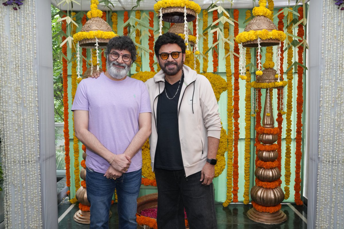 SureshProdns's tweet photo. 𝗧𝘄𝗼 𝗼𝗳 𝗧𝗲𝗹𝘂𝗴𝘂 𝗖𝗶𝗻𝗲𝗺𝗮’𝘀 𝗺𝗼𝘀𝘁 𝗹𝗼𝘃𝗲𝗱 𝗻𝗮𝗺𝗲𝘀 @VenkyMama & #Trivikram unite for a tale to cherish for all time ❤️

#Venky77 ~ @haarikahassine Production No. 8 - #VenkateshXTrivikram was launched today with blessings and love from near and dear ones 🪔 

Produced by #SRadhaKrishna (Chinababu) garu. 

The shoot begins soon! 🤩